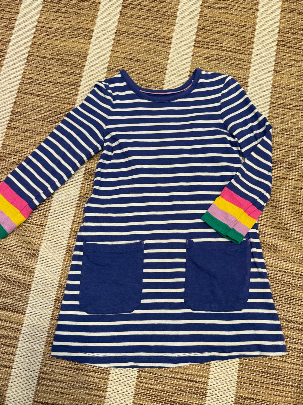 Mini Boden Navy and White Striped Knit Dress with Rainbow Cuff Stripes